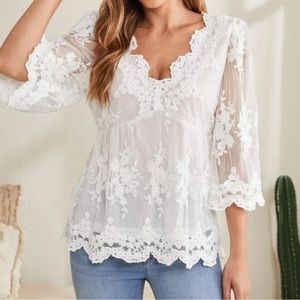 Boho white embroidered mesh insert V neck blouse